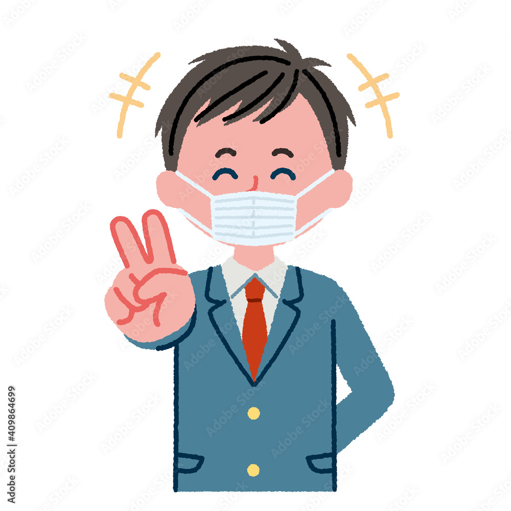 マスクをつけてピースサインをしている男子高校生のイラスト素材 マスクをつけてピースサインをしている男子高校生のイラスト素材