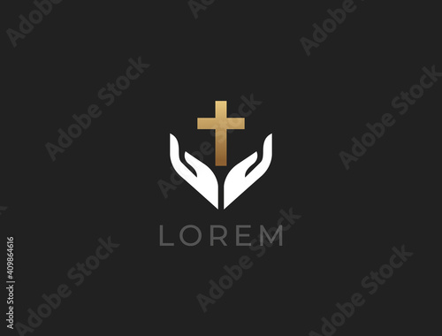 Hands with cross logo icon. Vector logotype.  
