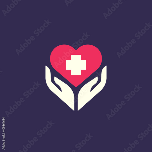 Hands + heart + medical cross logo.  Abstract medical health logotype.
