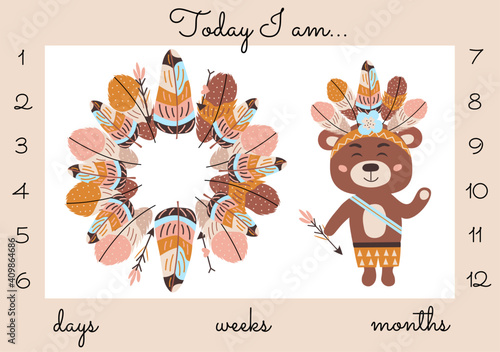 Custom baby monthly milestone  blanket background with bear in boho style. Vector illustration