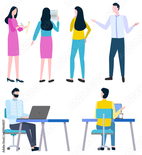 Office workers, men and women isolated characters, vector. Desk or workplace with laptop or computer and coffee, girl taking notes, office paperwork