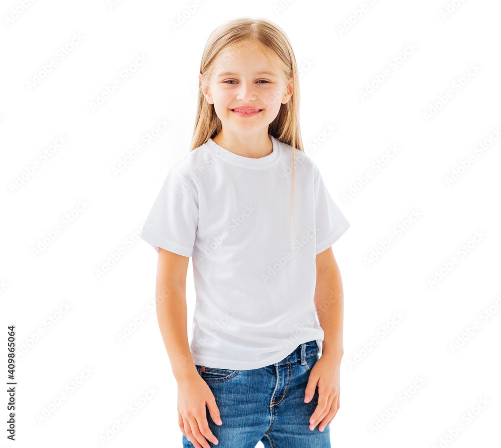 Smiling little girl in simple white blank t-shirt isolated on a white background Smiling little girl in simple white blank t-shirt isolated on a white background