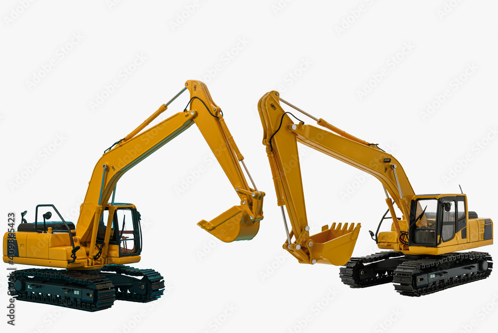 Yellow excavator model on a white background Yellow excavator model on a white background