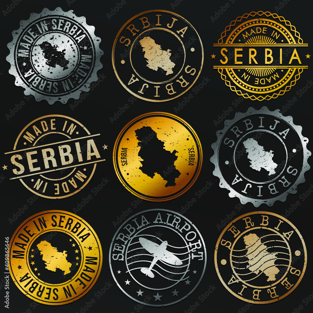 Serbia Map Metal Stamps. Gold Made In Product Seal. National Logo Icon. Symbol Design Insignia Country. Serbia Map Metal Stamps. Gold Made In Product Seal. National Logo Icon. Symbol Design Insignia Country.