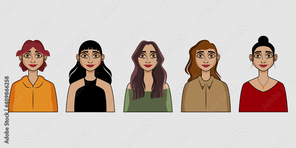 Smiling female character. Set of five cute portraits with different style details. Colored concept for your project and business. Smiling female character. Set of five cute portraits with different style details. Colored concept for your project and business.