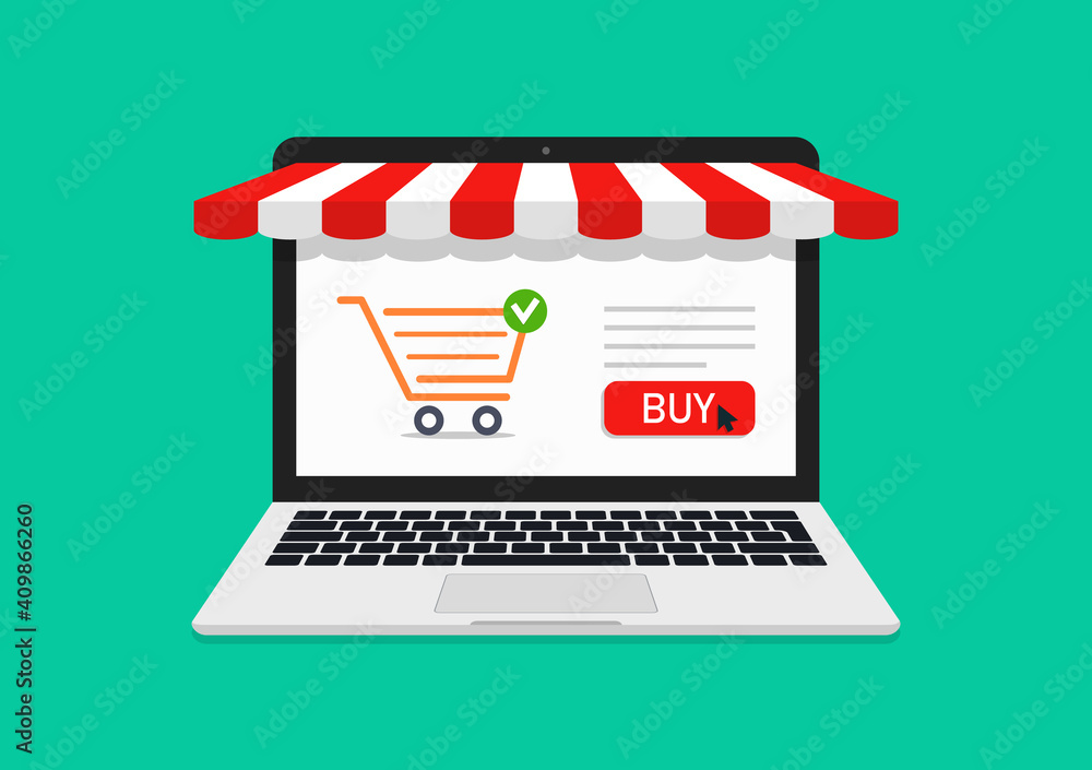 Online store. Online shop in laptop. Icon of ecommerce. Purchase of product with computer in website. Sale in virtual market. Buy in web supermarket. Screen of laptop with showcase and tent. Vector Online store. Online shop in laptop. Icon of ecommerce. Purchase of product with computer in website. Sale in virtual market. Buy in web supermarket. Screen of laptop with showcase and tent. Vector