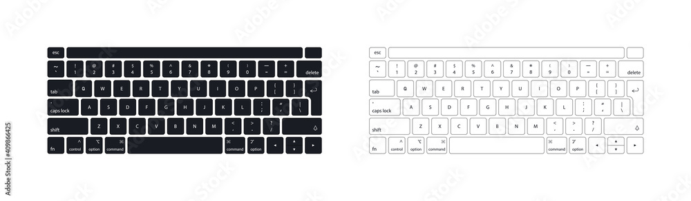 Keyboard of computer, laptop. Modern key buttons for pc. Black, white keyboard isolated on white background. Icon of control, enter, qwerty, alphabet, numbers, shift, escape. Realistic mockup. Vector Keyboard of computer, laptop. Modern key buttons for pc. Black, white keyboard isolated on white background. Icon of control, enter, qwerty, alphabet, numbers, shift, escape. Realistic mockup. Vector