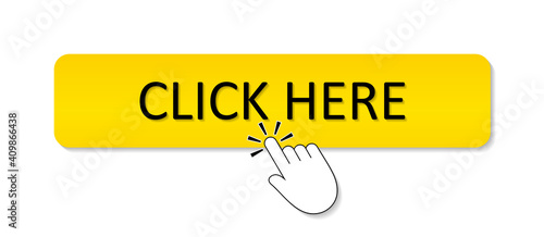 Click here button. Icon with click here and hand. Choice for buy and register on website. Orange button for online app. Banner for web, download and promotion. Vector
