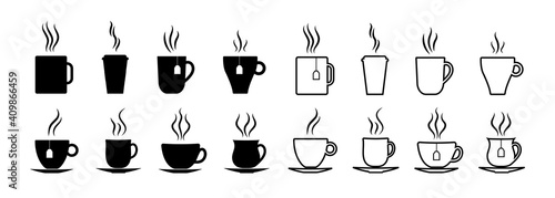 Cup icon for coffee and tea. Cup silhouette for cafe. Hot espresso, latte, cappuccino in mug. Graphic logo for coffee or tea takeaway. Black symbol with steam, smoke and aromatic. Vector