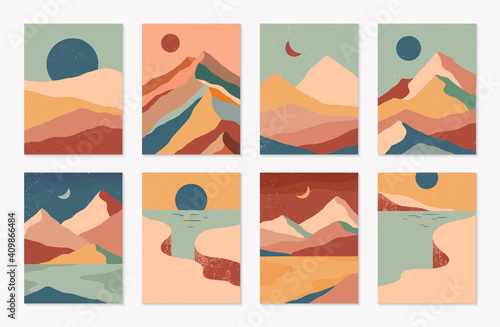 Bundle of creative abstract mountain landscapes,mountain range,desert dunes,cliffed coast backgrounds.Modern vector illustrations with hand drawn mountains,sea or lake,sky,sun and moon.Trendy design.