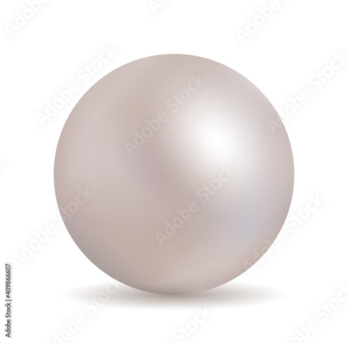 White pearl. Silver sphere of pearl. Shiny jewel necklace from shell. Realistic rose pearl. Luxury ball of oyster isolated on white background. Single round icon for beautiful gift. Vector