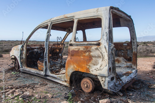 burned car abandoned, car destroyed bo fire, mini van