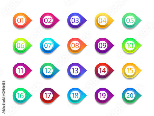 Bullet numbers. Infographic points for button. Circle with arrow markers. Infograph icon of steps from 1 to 20. List of colorful gradient pointers for promotion, business, graphic interface. Vector.