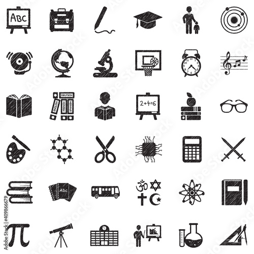 School Icons. Black Scribble Design. Vector Illustration.