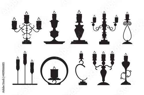 Candlestick silhouettes. Black shapes of candelabrum with burning flame vector candle holders set. Candlestick and candle holder illustration