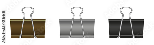 Paper binder clip. Black metal clamp for office and school. Paperclips isolated on white background. Realistic clothespin for document. Stationery for business. Vector