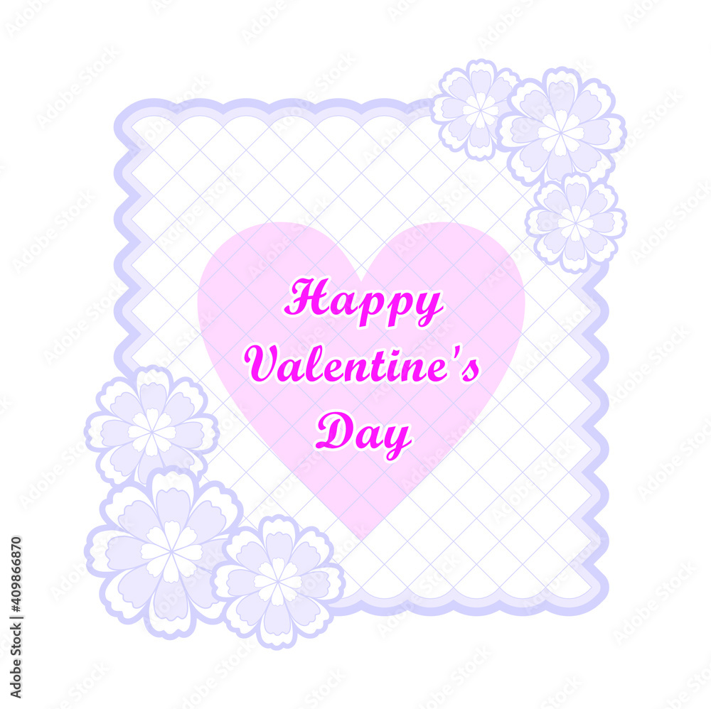Cute tender greeting card with text Happy Valentine's Day with pink heart and blue flowers 