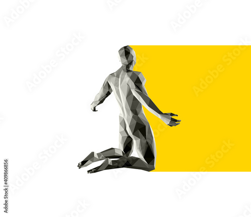 Man kneeling and praying to God. 3D vector illustration in trendy abstract polygonal style.