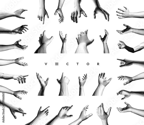 Set of hands showing different gestures. 3D vector design elements for web or presentation.