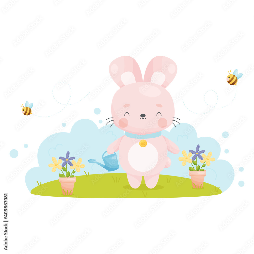 Cute cartoon Easter bunny watering flowers from a watering can. Vector illustration. Cute cartoon Easter bunny watering flowers from a watering can. Vector illustration.