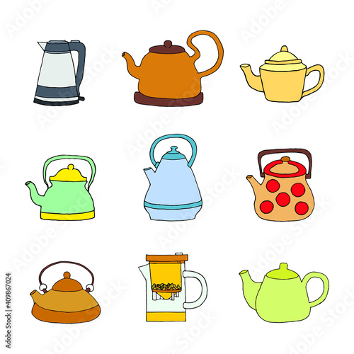 Set of kitchen teapots on a white background. Bright vector illustration.