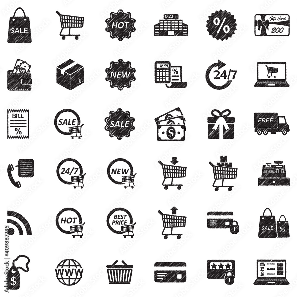 Shopping Icons. Black Scribble Design. Vector Illustration.