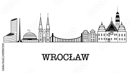 Wroclaw skyline and landmarks silhouette, black and white design, vector illustration.
