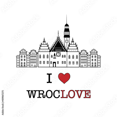 Wroclaw skyline and landmarks silhouette, black and white design, vector illustration.