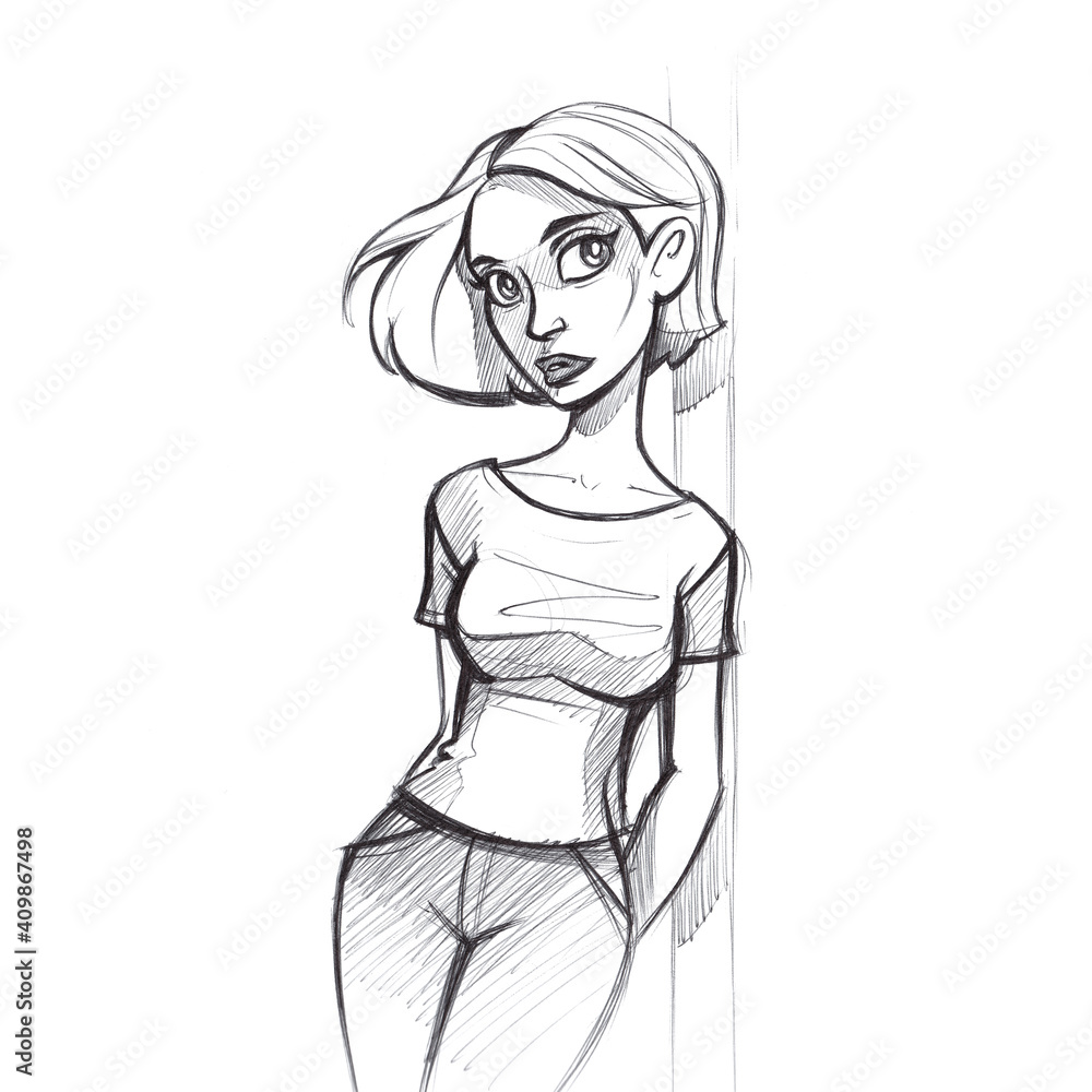 Pen sketch on white background. Hand drawn sketchbook illustration. An emotional story in one picture Pen sketch on white background. Hand drawn sketchbook illustration. An emotional story in one picture