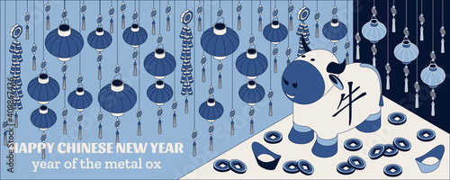 Happy Chinese New Year background with creative white ox and hanging lanterns. Vector illustration