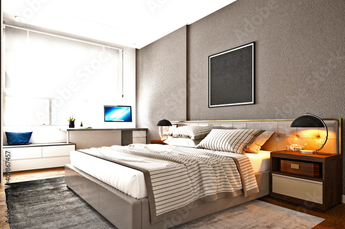 3d render of luxury hotel room, bedroom