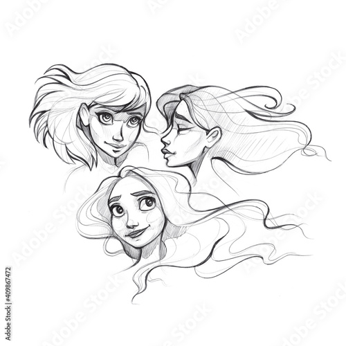 Sketchbook. Set of young and different girls avatars drawn by hand with pen isolated on white background