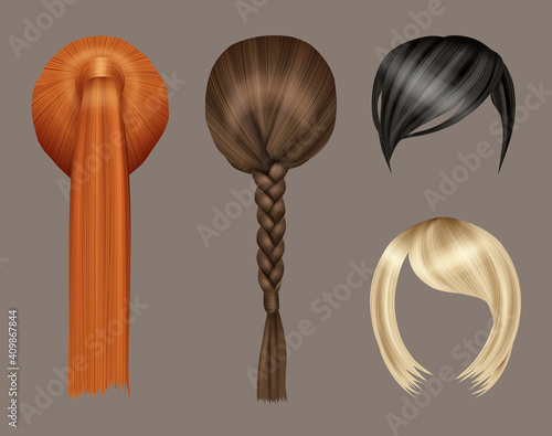 Women hairstyle. Model beauty curly glamorous long hairs colored type vector realistic set. Hairstyle female haircut, beauty wig long hair illustration