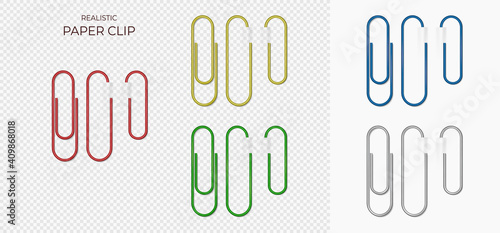 Set of colourful Plastic and metal paper clips on transparent background isolated and attached to paper. photo