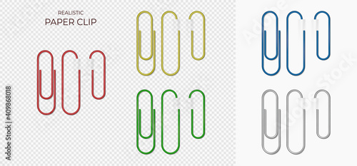 Set of colourful Plastic and metal paper clips on transparent background isolated and attached to paper.