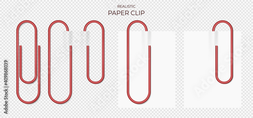 Red Plastic paper clips on transparent background isolated and attached to paper