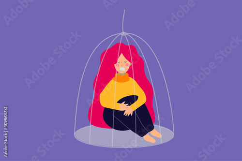 Young character of woman or girl locked inside a cage. Inequality and restriction of women's ability in society. Women's empowerment. Concept of freedom, mental health issues. Vector illustration.