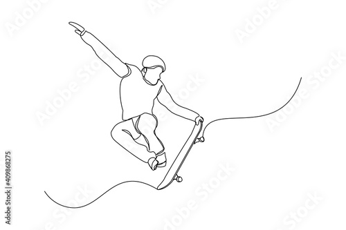Continuous line drawing of young man playing skateboard. Single one line art sport vector illustration theme. Person play game for exercise and hobby isolated on white background.