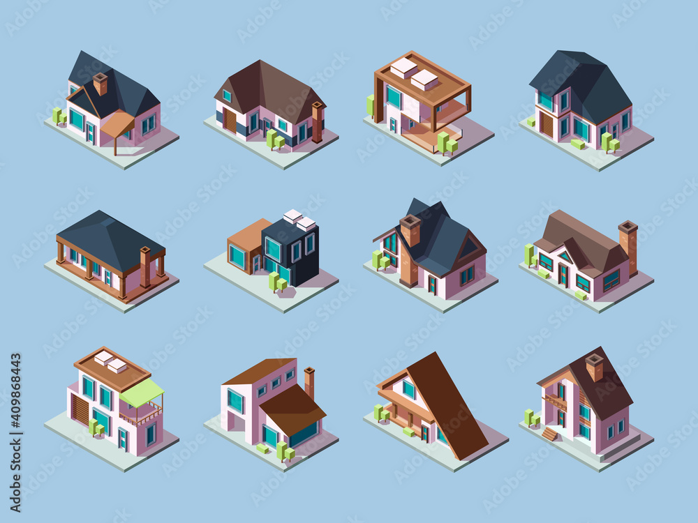 Cottages isometric. Luxury houses small villages residential towns facades garish vector buildings. Illustration front facade contemporary outdoor