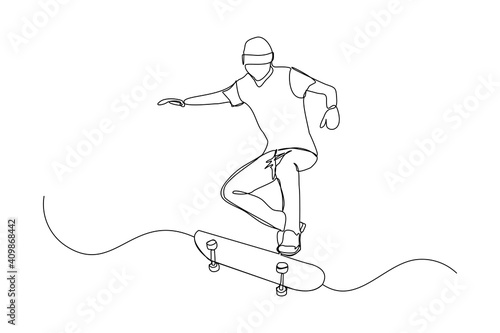 Continuous line drawing of young man playing skateboard. Single one line art sport vector illustration theme. Person play game for exercise and hobby isolated on white background.