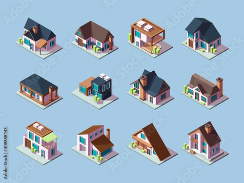 Cottages isometric. Luxury houses small villages residential towns facades garish vector buildings. Illustration front facade contemporary outdoor