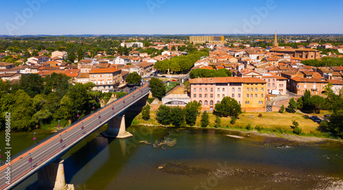Scenic top view of the city Muret and Garonne river. France