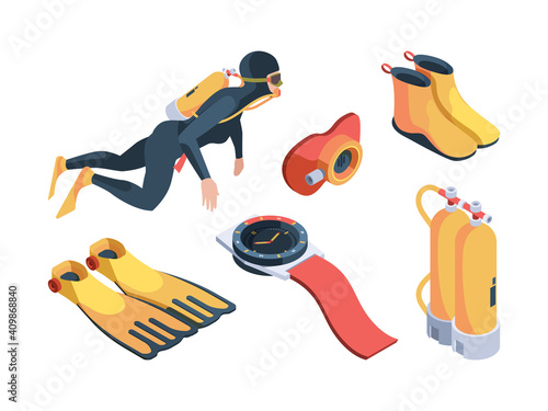 Diving isometric. Aquatic sport symbols scuba flippers underwater diving cylinders and professional costumes garish vector divers. Illustration isometric scuba equipment, oxygen to swimming underwater