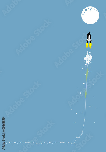 Space rocket fly to the moon, concept of stock market breakout and share surge up. Vector illustration of financial success, bullish trend, investment gain, volatile graph chart, and trading growth.