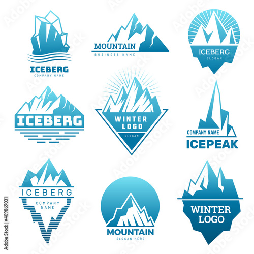 Mountain logo. Badges with ice rock pictures iceberg on north pole antarctic snow weather stylized recent vector business symbols. Ice rock mountain logo, badge symbol nature illustration