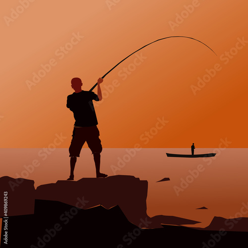 silhouette of a fisherman with rod