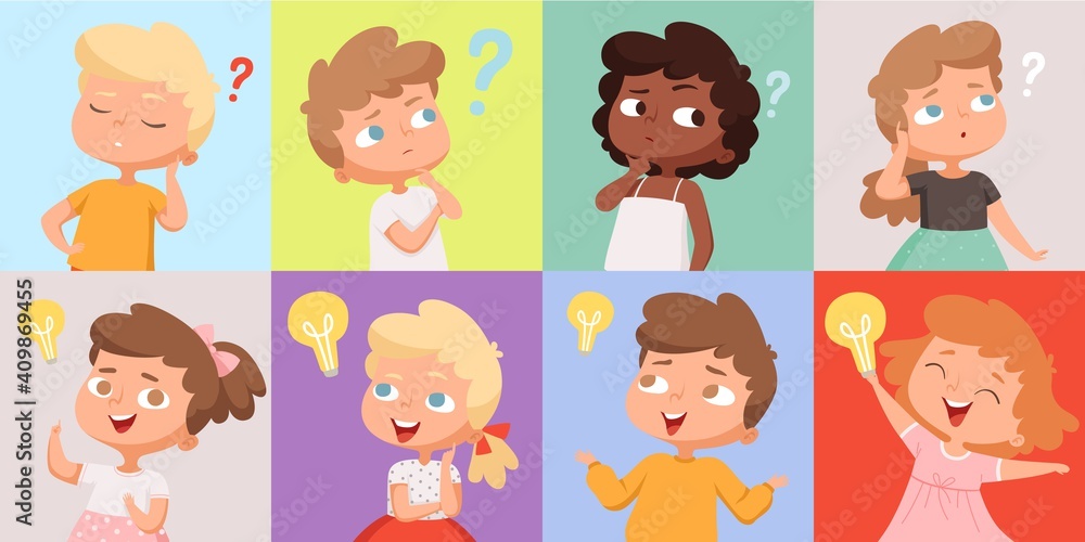 Thinking kids. Cute children have good idea. Find trouble solution teens vector avatars. Imagination and intelligent children, cheerful different smart kids illustration Thinking kids. Cute children have good idea. Find trouble solution teens vector avatars. Imagination and intelligent children, cheerful different smart kids illustration