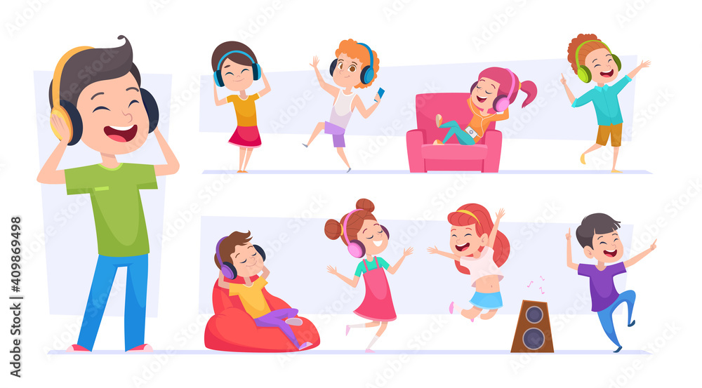 Fototapeta premium Kids music. Little happy children relaxing and listen sound in headphones exact vector teens. Illustration girl and boy listen music, cartoon children fun