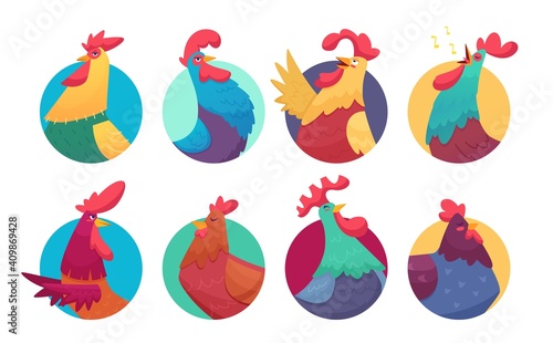 Rooster avatars. Cartoon chicken and roosters, colorful farm birds stickers vector set. Illustration rooster avatar, chicken animal color