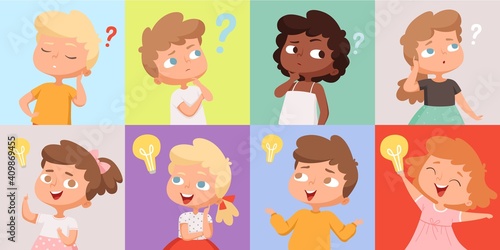 Thinking kids. Cute children have good idea. Find trouble solution teens vector avatars. Imagination and intelligent children, cheerful different smart kids illustration